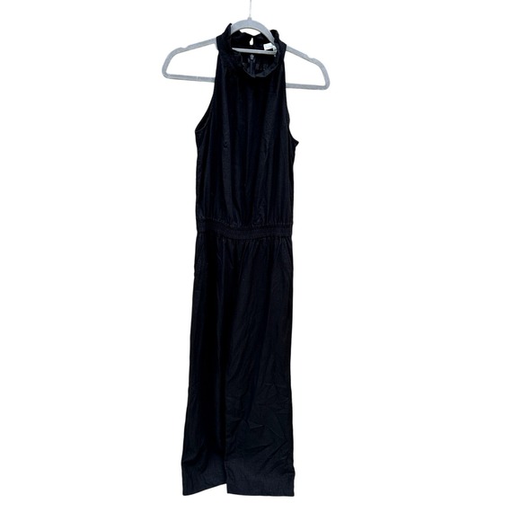 1901 Ruffle neck, linen blend, black, wide leg, sleeveless pantsuit.  Sz XS‎ - Picture 1 of 6